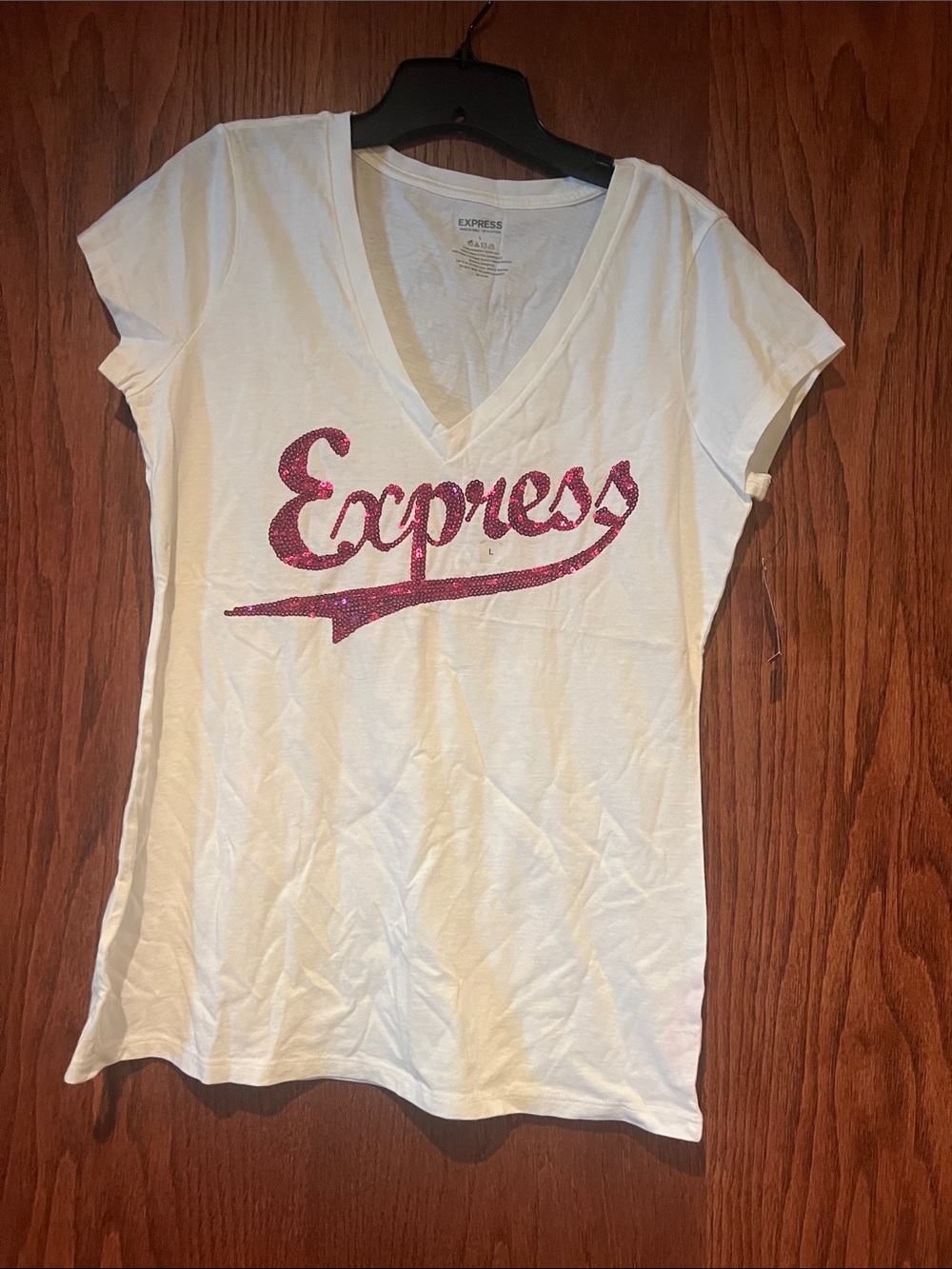 Express White V-Neck Tee with Pink Glitter Logo